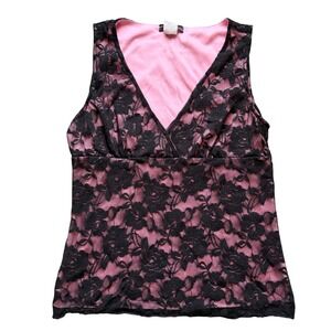 Von Mozart Pink Black Floral Lace V-Neck Empire Waist Camisole Y2K Top, S